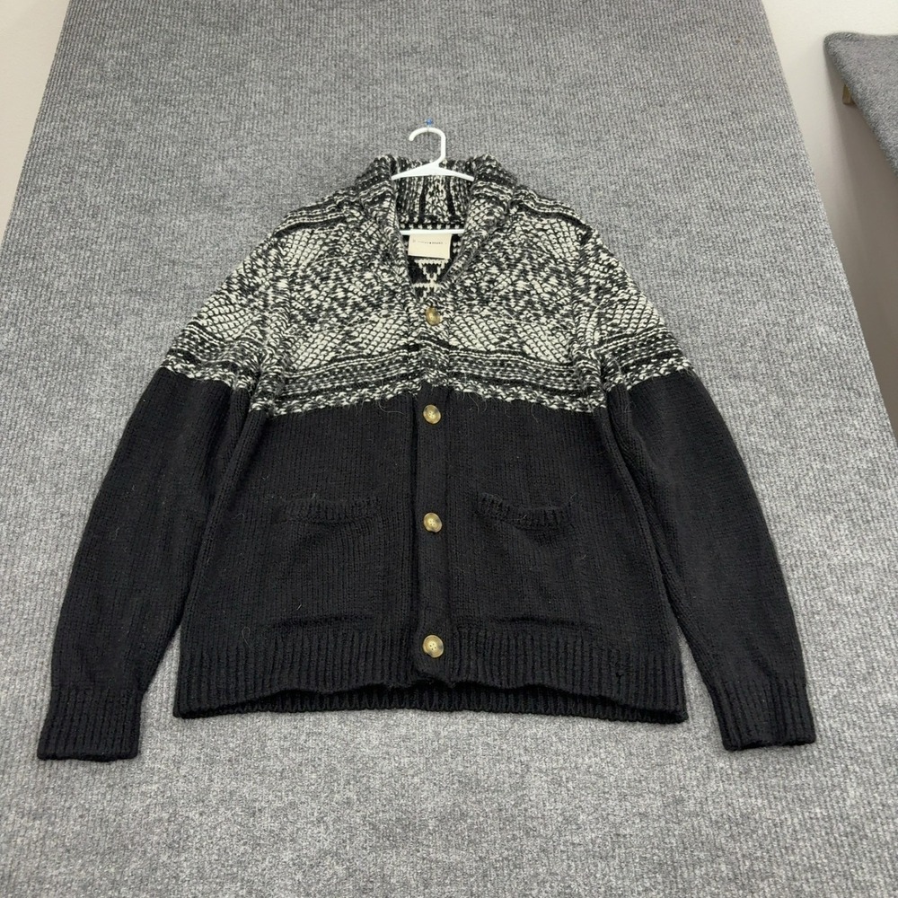 Lucky Brand Cardigan Mens L Black Wool Blend Fair Isle Shawl Collar Boho Style